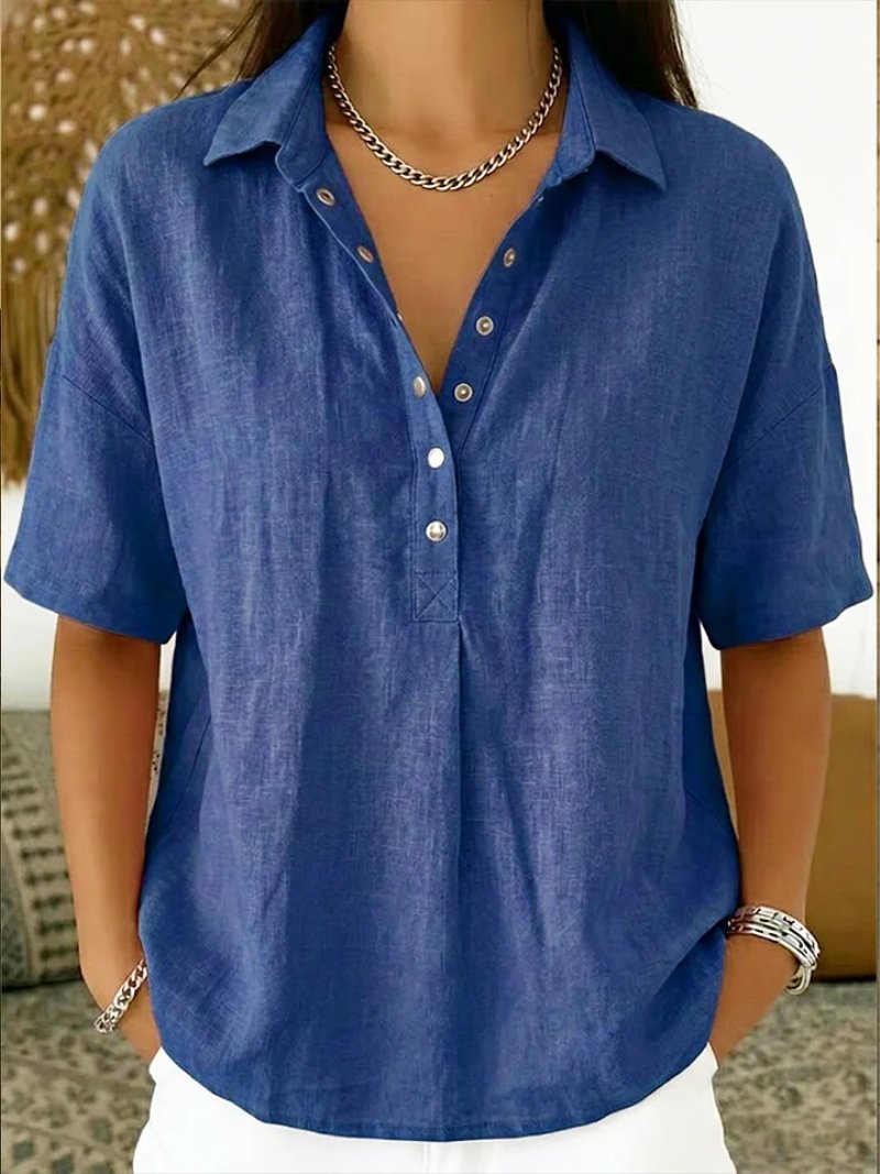 Women's Oversized Henley Blouse - Blue