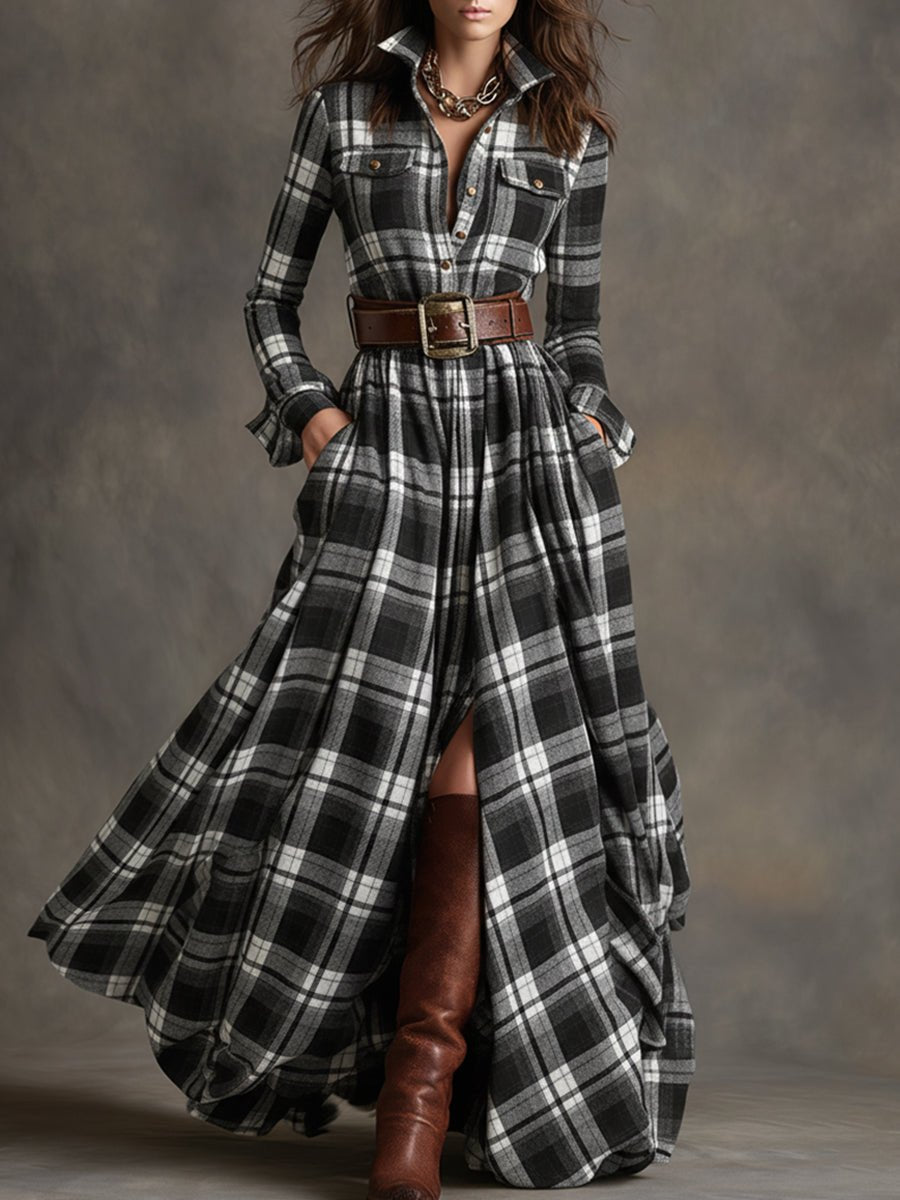 Women's Plaid Maxi Shirt Dress - Black