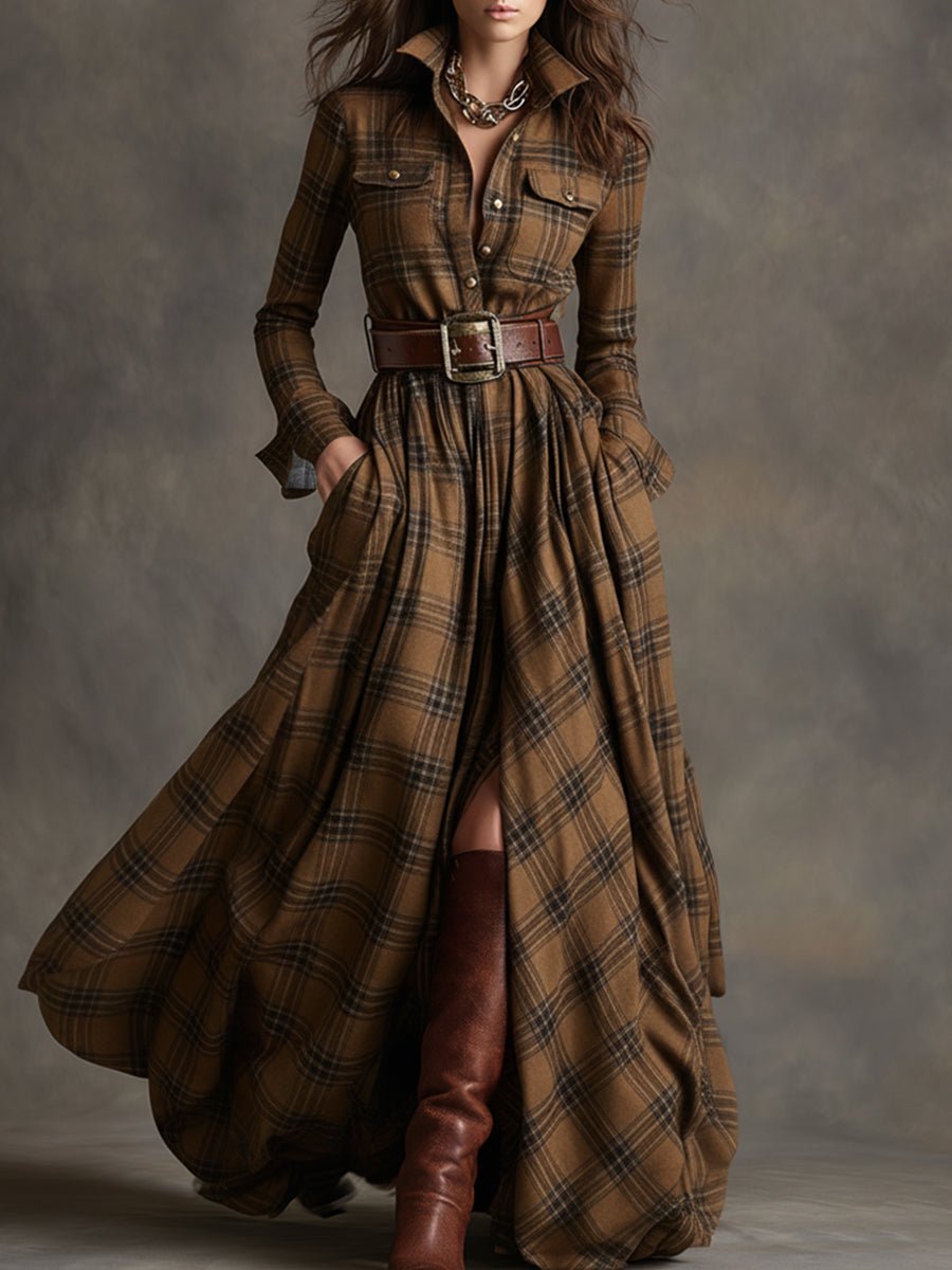 Women's Plaid Maxi Shirt Dress - Brown