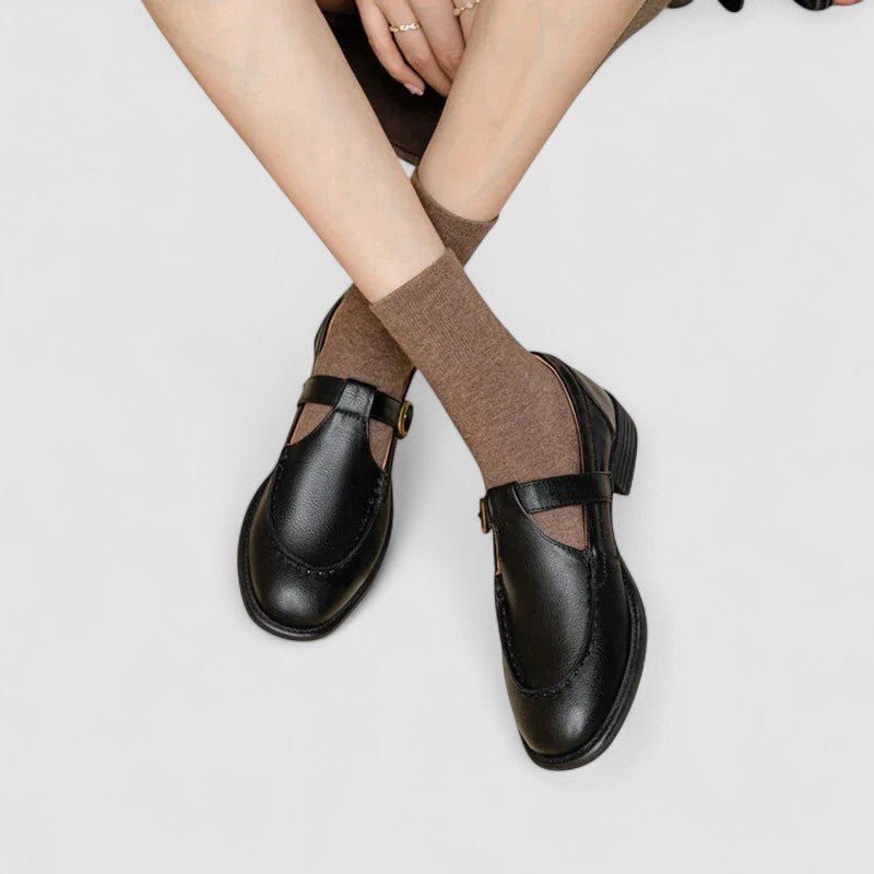 Women's Leather T-Strap Mary Janes - Black