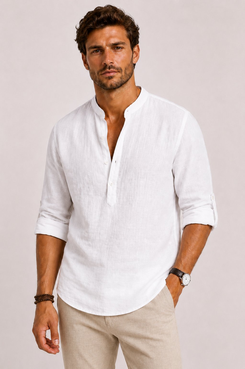 Men's Linen Grandad-Collar Shirt - White