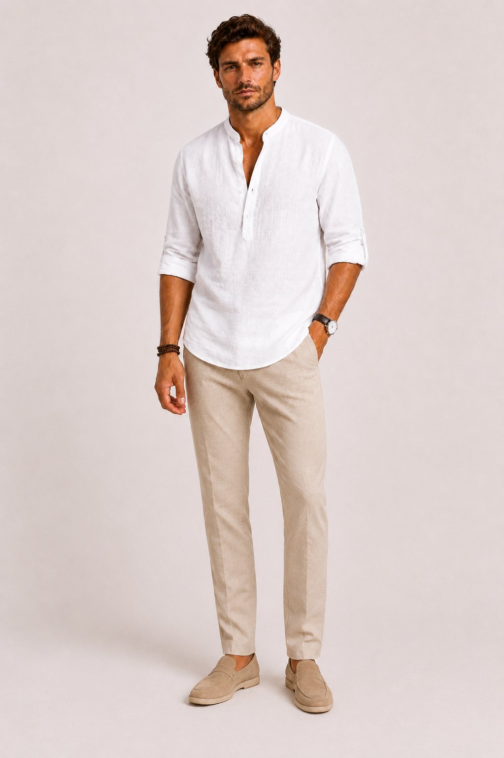 Men's Linen Grandad-Collar Shirt