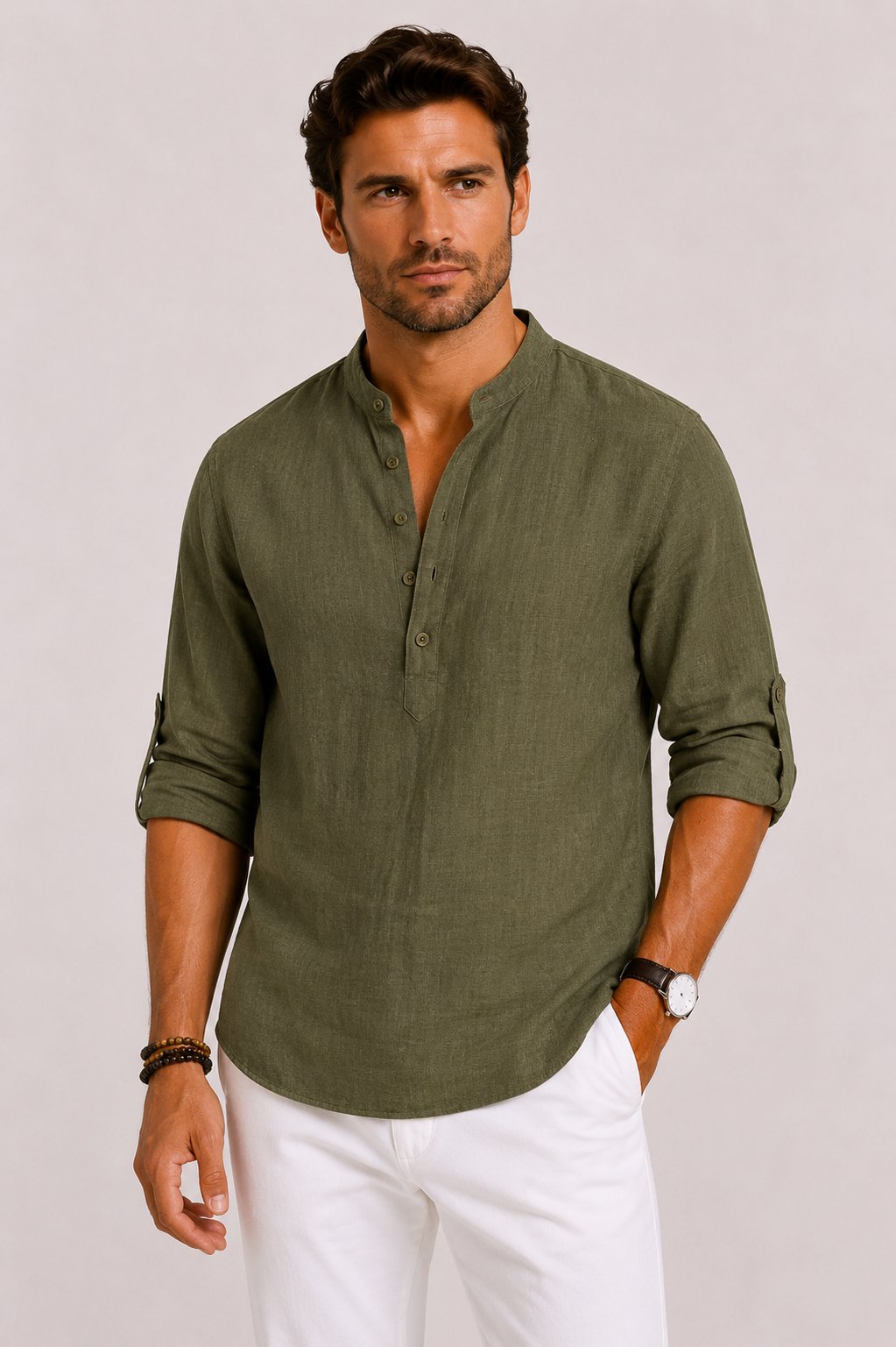 Men's Linen Grandad-Collar Shirt - Olive Green