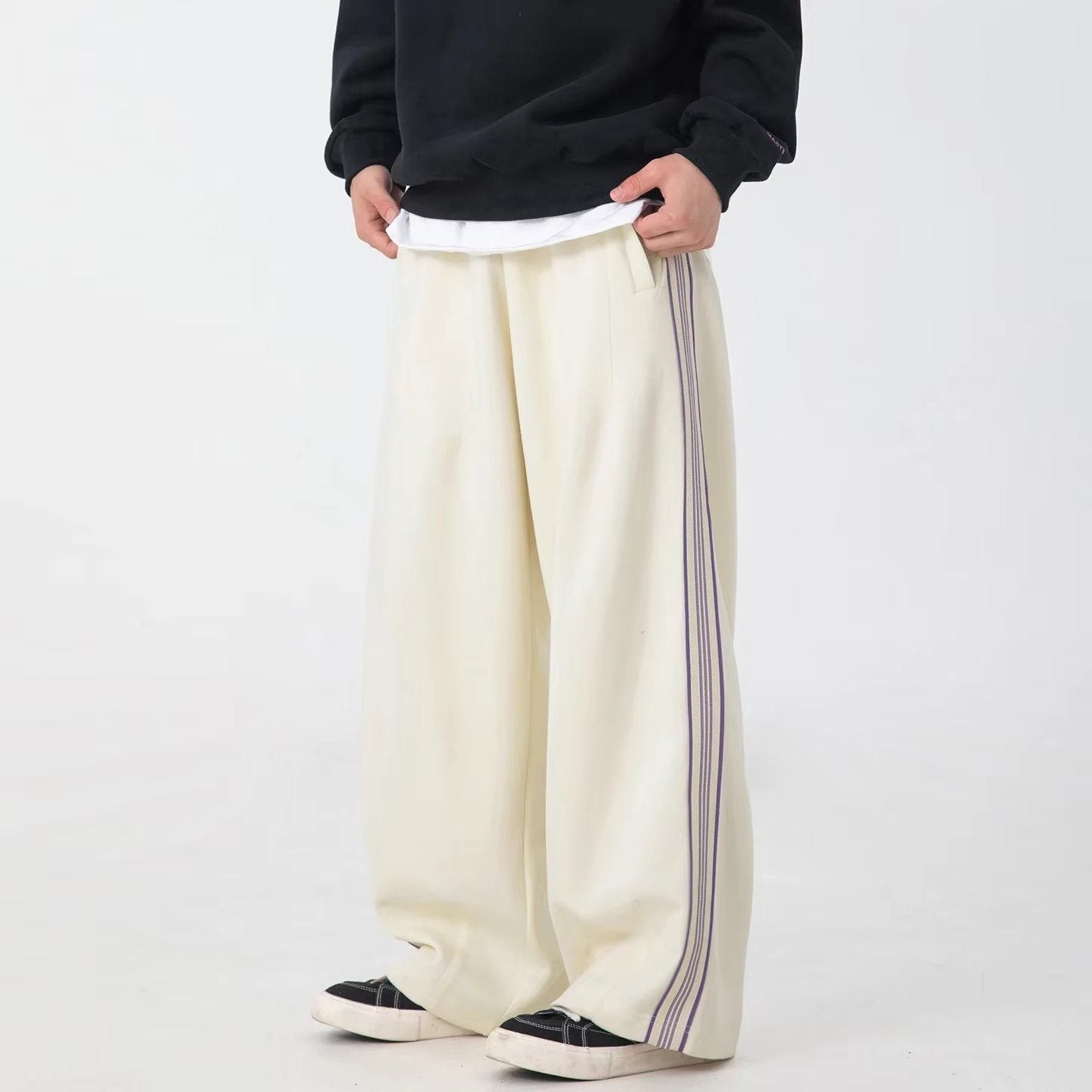 Men's Striped Wide-Leg Sweatpants - Apricot