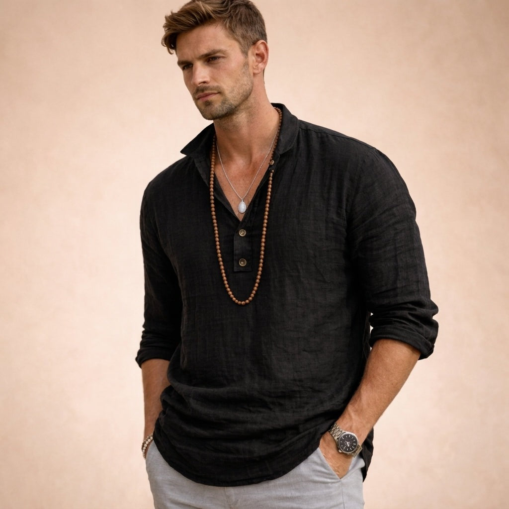 Long Sleeve Henley Shirt - Black
