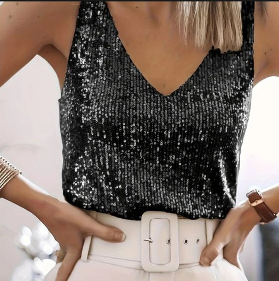 Women's Cropped Party V-Neck Tank Top - Black