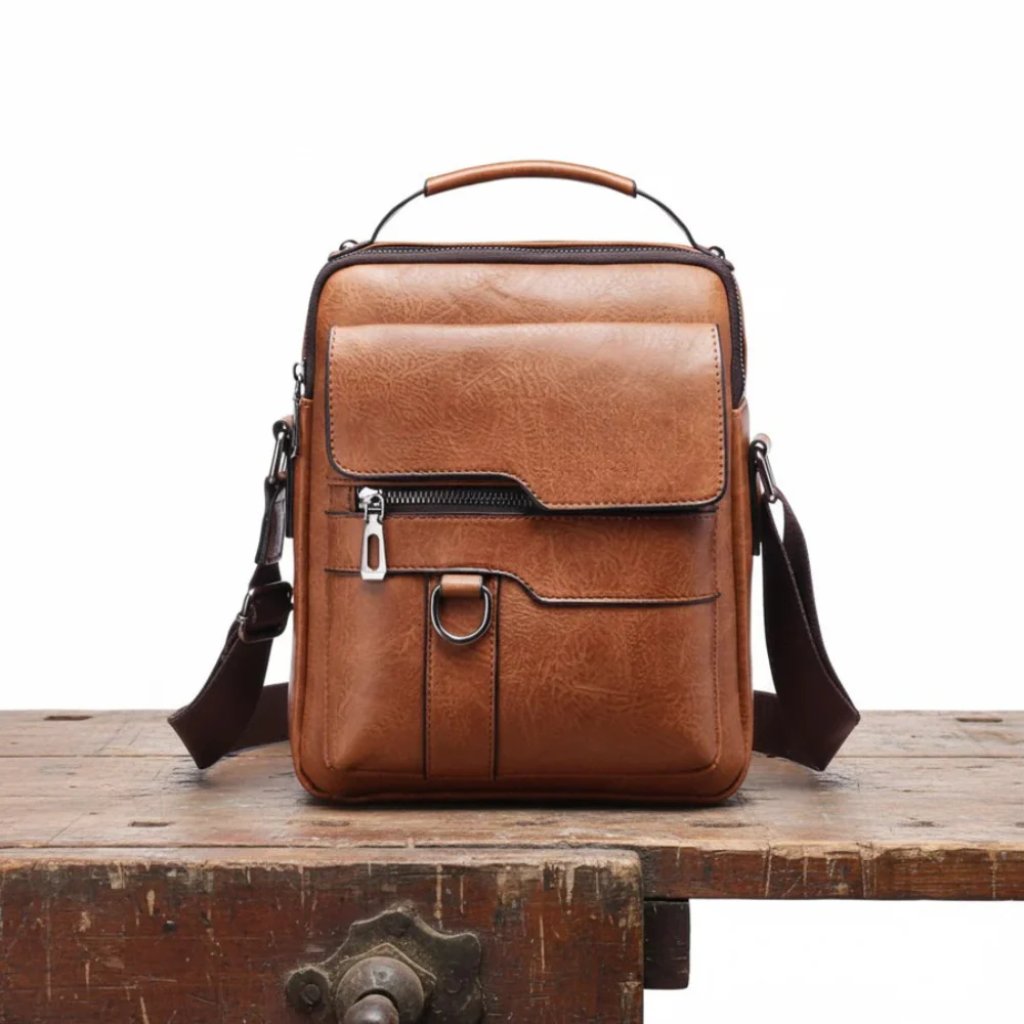 Men's Leather Crossbody Bag - Light Brown