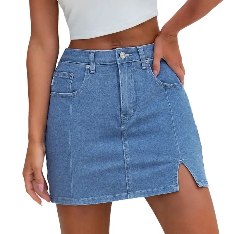 Women's High-Waisted Denim Skirt - Light Blue