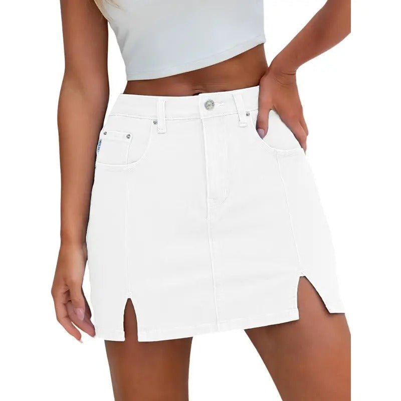 Women's High-Waisted Denim Skirt - White double slit