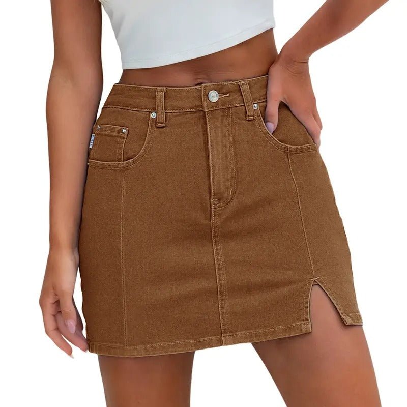Women's High-Waisted Denim Skirt - Brown