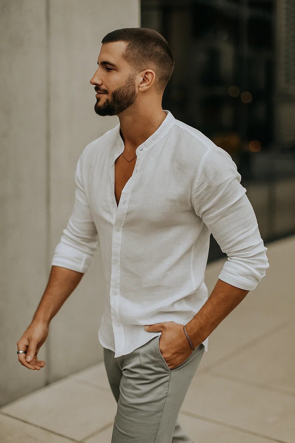 Men's Linen Band-Collar Slim-Fit Shirt
