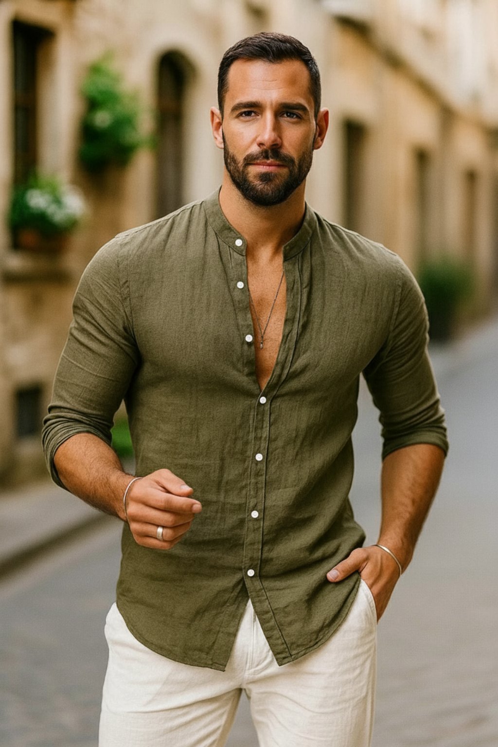 Men's Linen Band-Collar Slim-Fit Shirt - Army Green