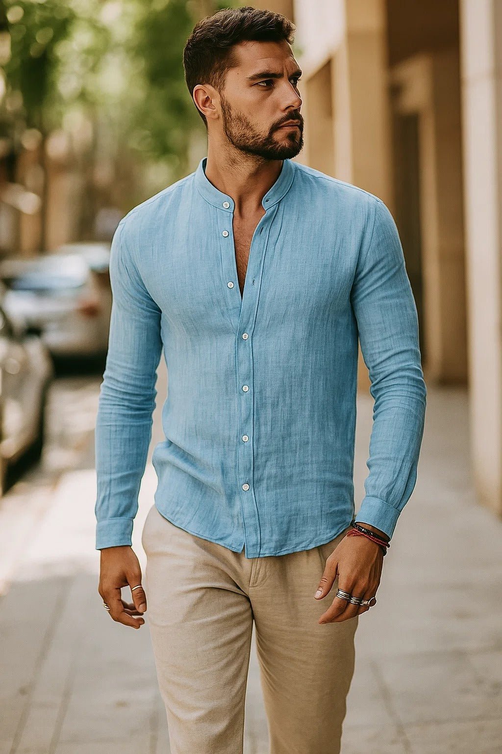 Men's Linen Band-Collar Slim-Fit Shirt - Light Blue