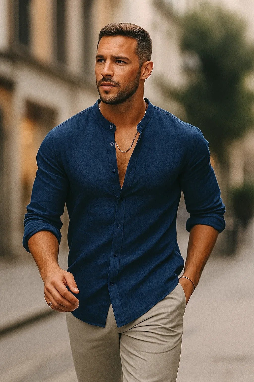 Men's Linen Band-Collar Slim-Fit Shirt - Blue