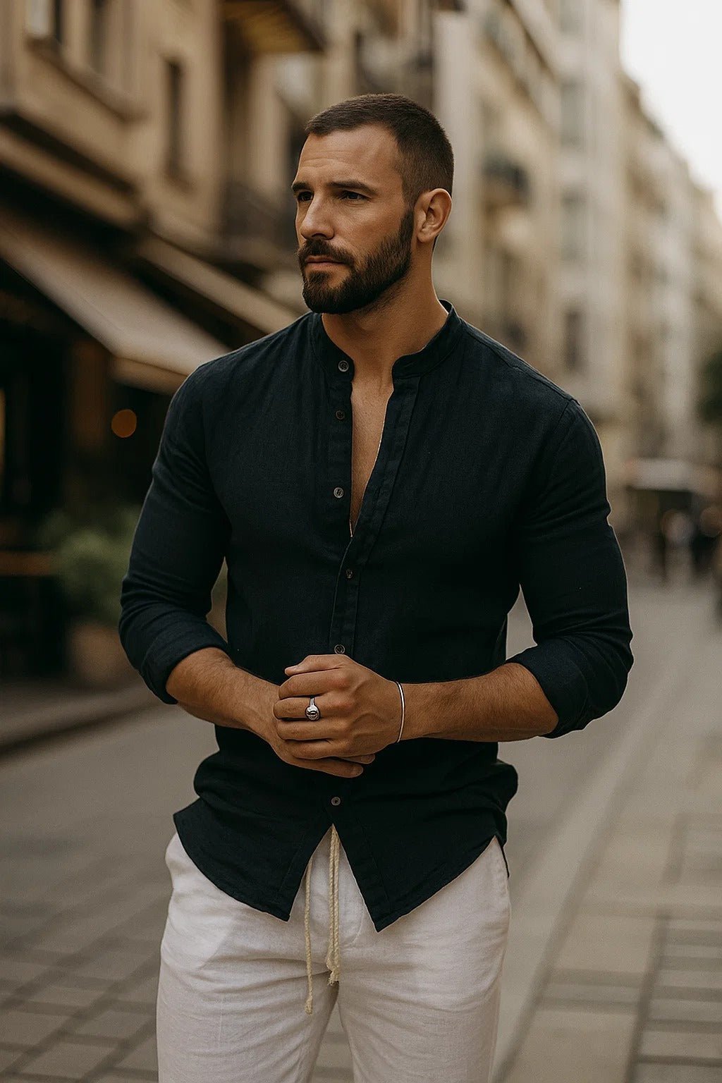 Men's Linen Band-Collar Slim-Fit Shirt - Black