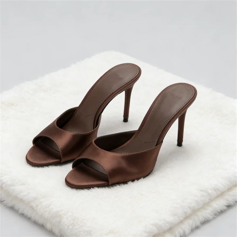 Women's Satin Peep-Toe Stiletto Sandals - Brown