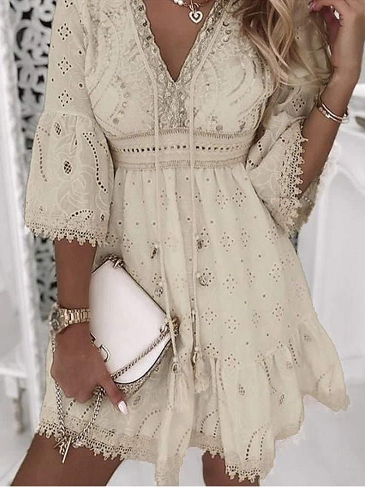 Women's Boho V-Neck Mini Dress - Beige