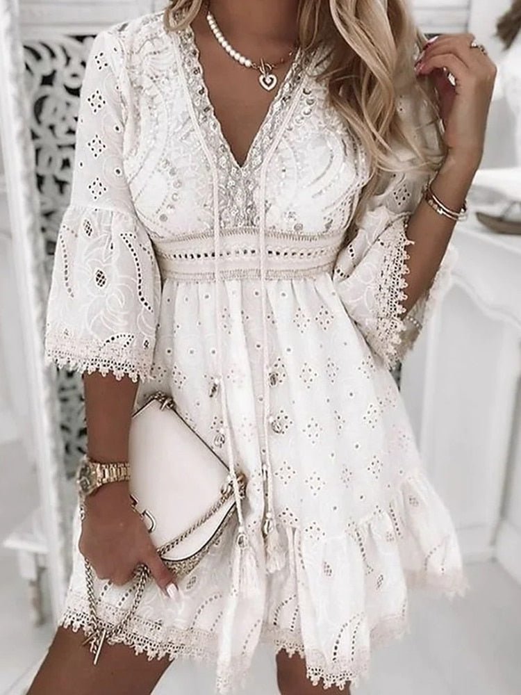 Women's Boho V-Neck Mini Dress - White