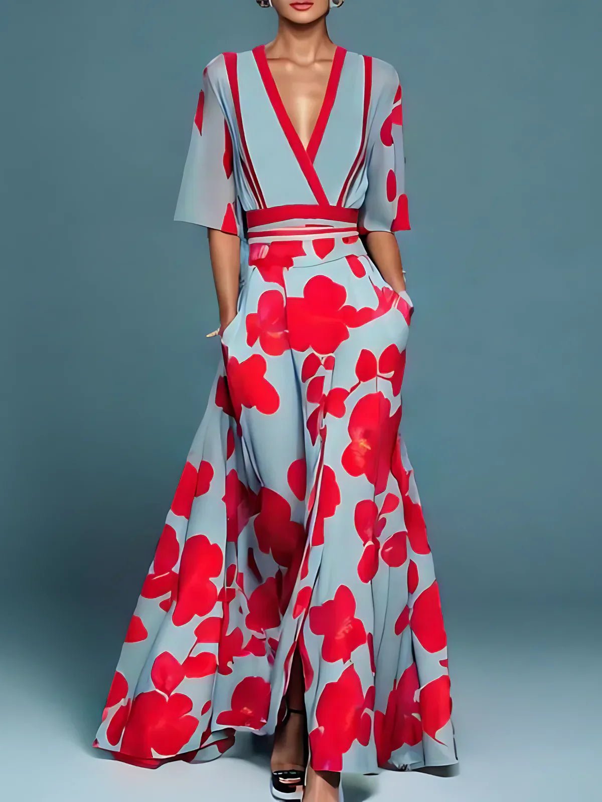 Women's Floral Satin Maxi Wrap Dress - Red