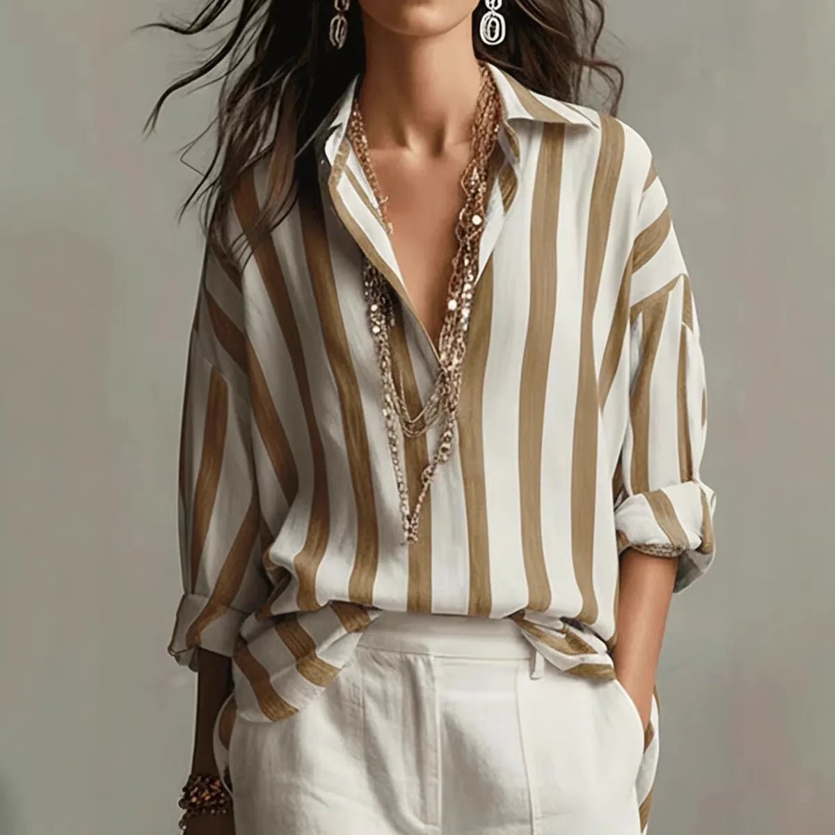 Women's Striped Oversized Blouse - Brown