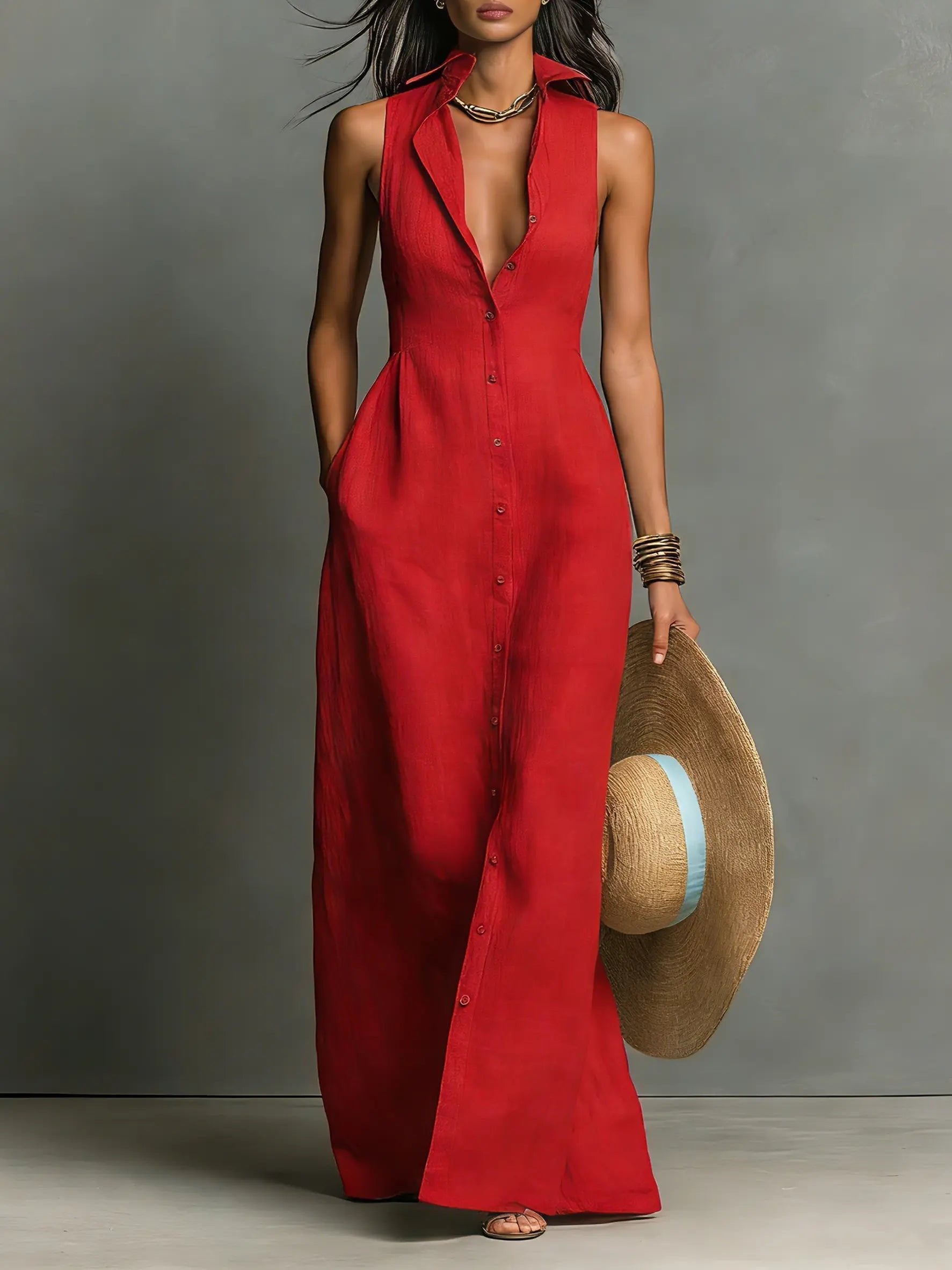 Women's Vacation Maxi Shirt Dress - Red