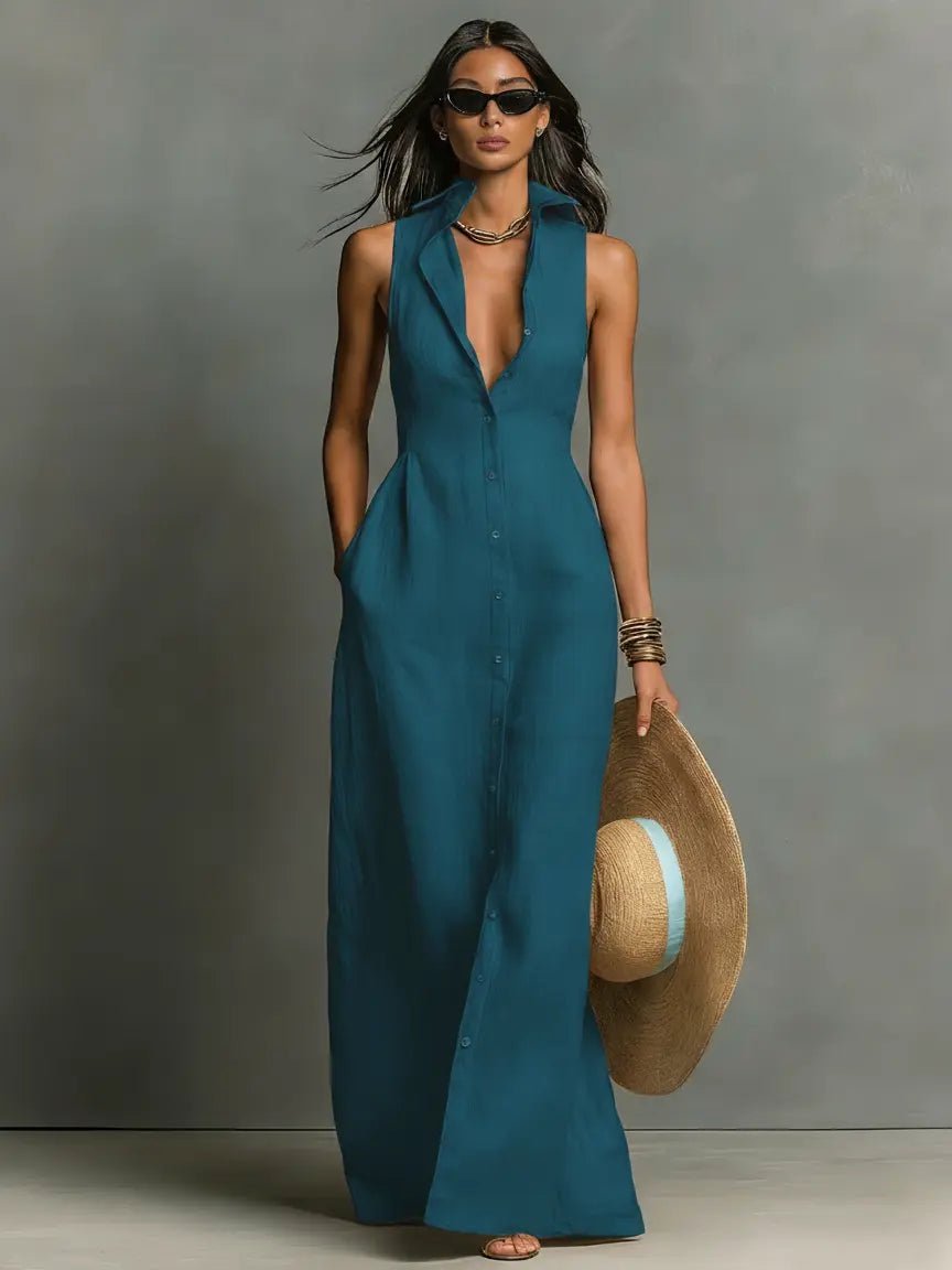 Women's Vacation Maxi Shirt Dress - Teal Blue