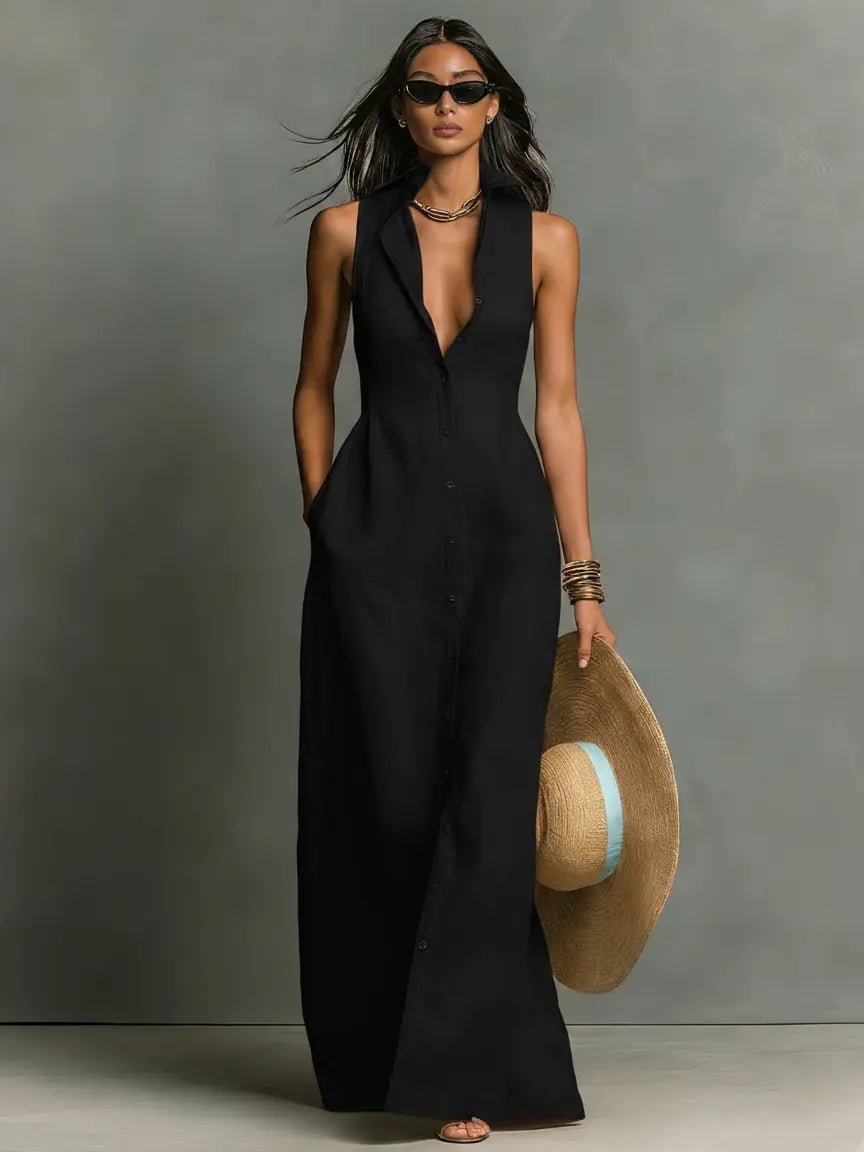 Women's Vacation Maxi Shirt Dress - Black