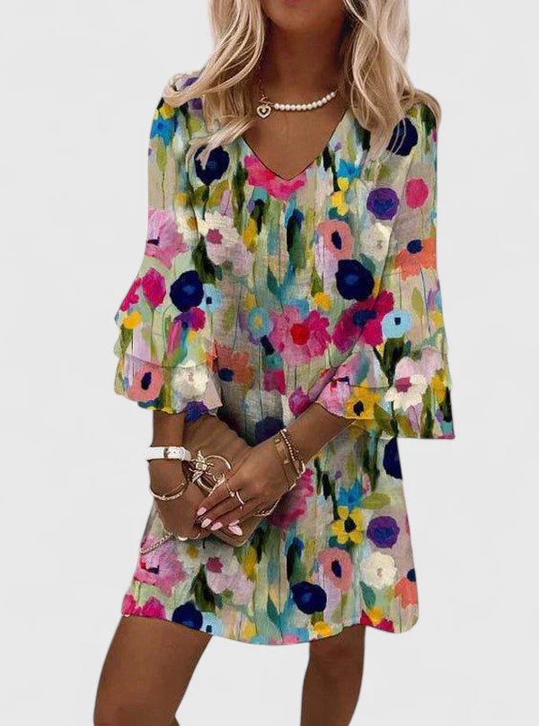 Women's Floral V-Neck Mini Dress - Multicolored