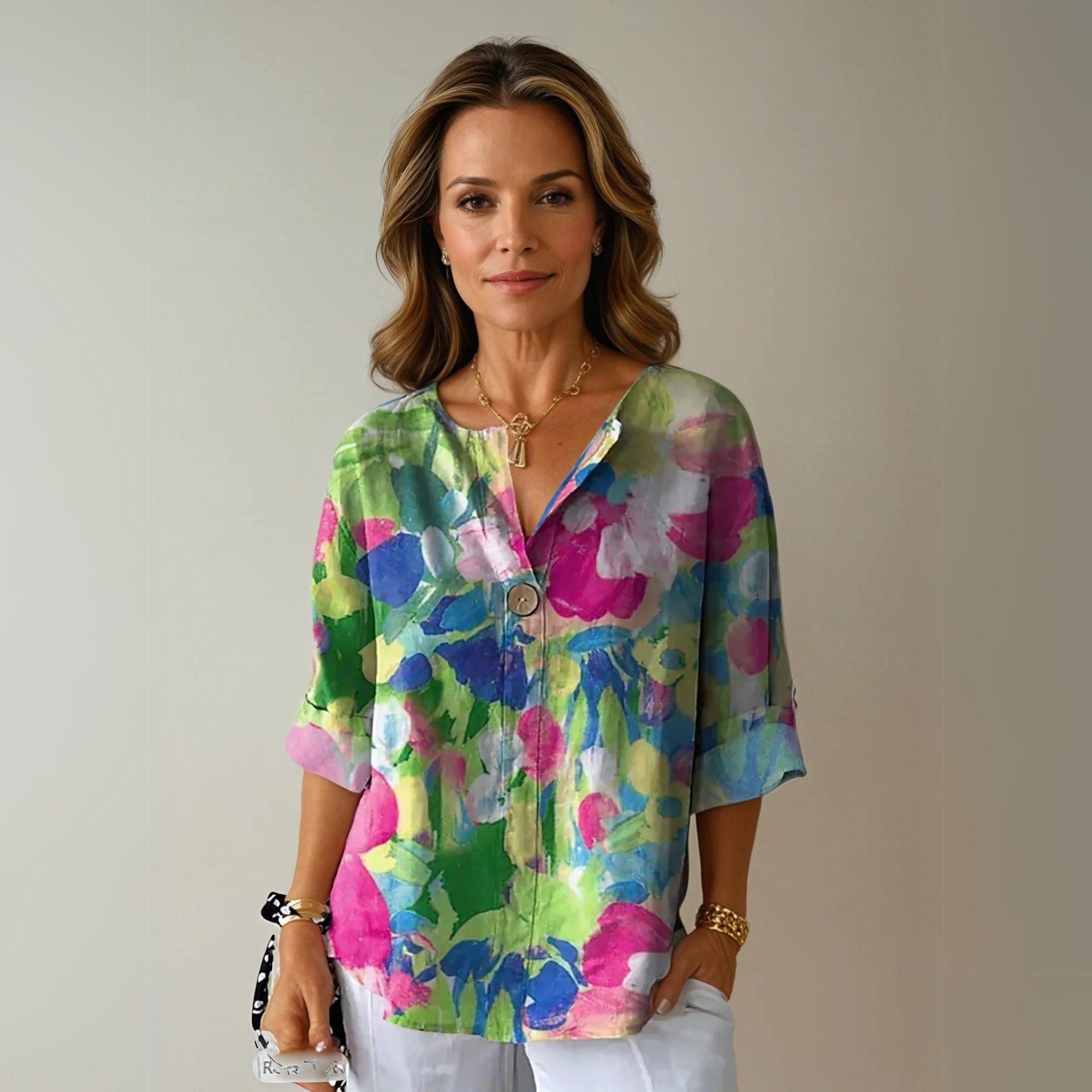 Women's Floral V-Neck Tunic - Green - Pink