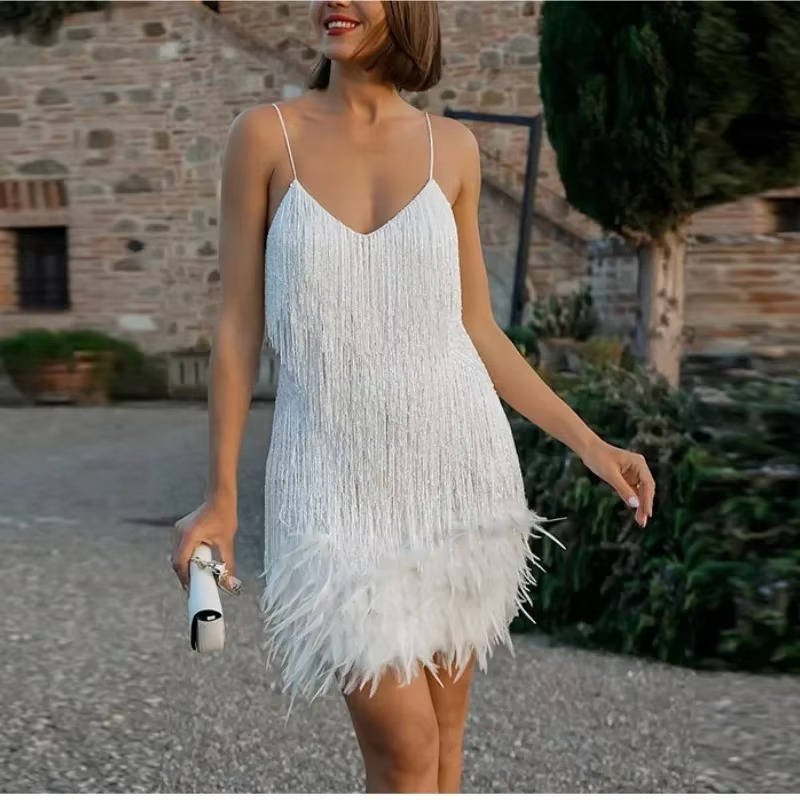 Women's Fringe Mini Dress - White