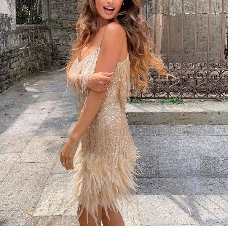Women's Fringe Mini Dress - Gold