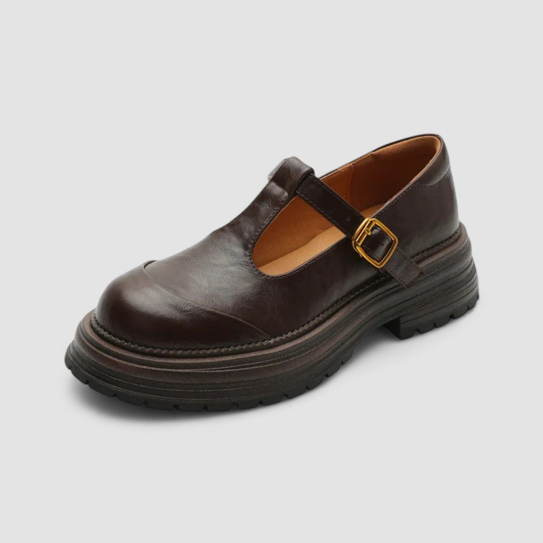 Women's Leather Mary Jane Shoes - Brown