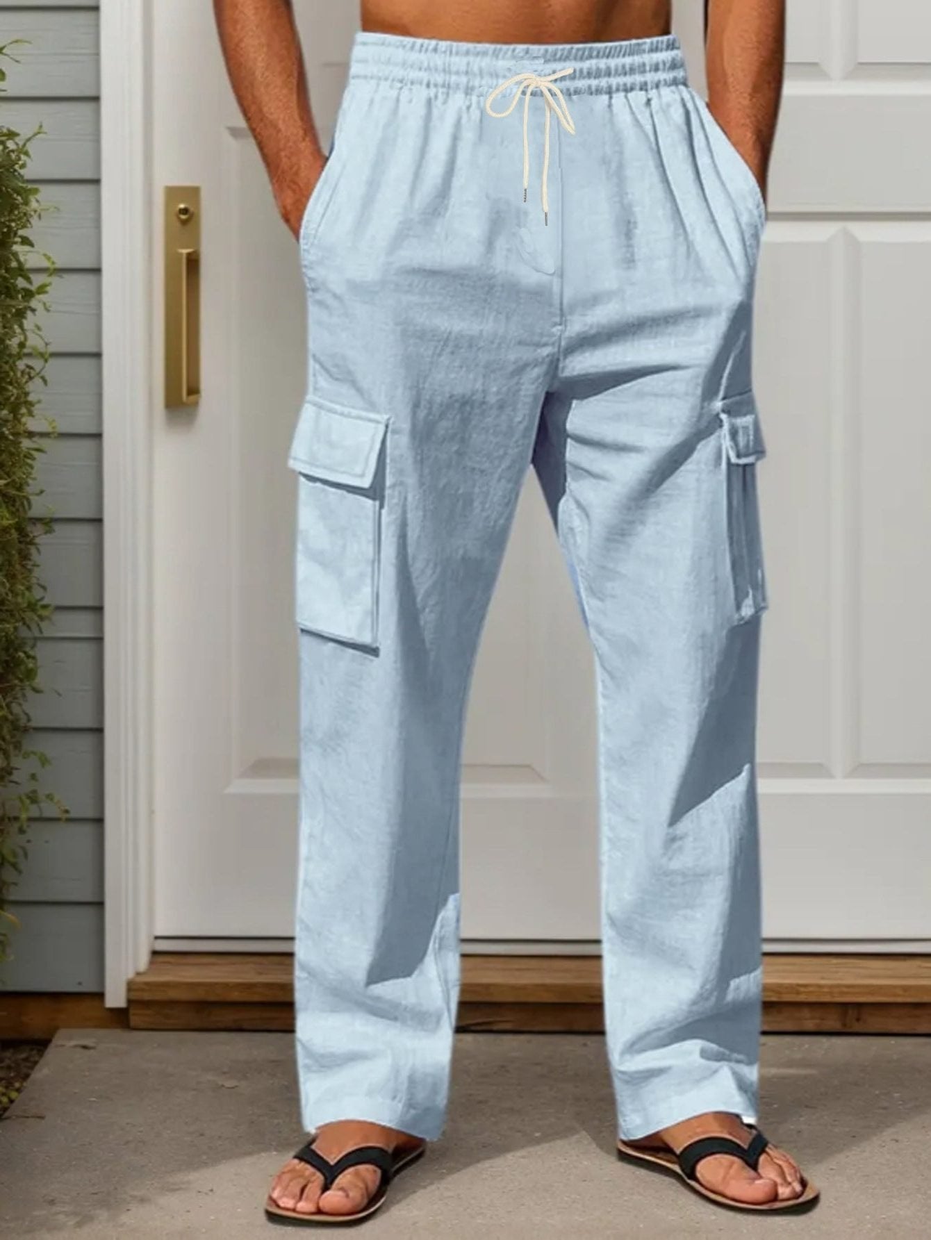 Men's Linen Blend Cargo Pants - Light Blue