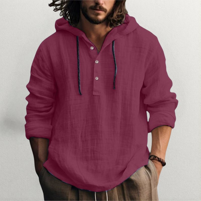 Men's Linen Blend Hooded Henley - Burgundy
