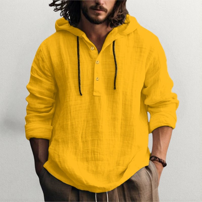Men's Linen Blend Hooded Henley - Yellow