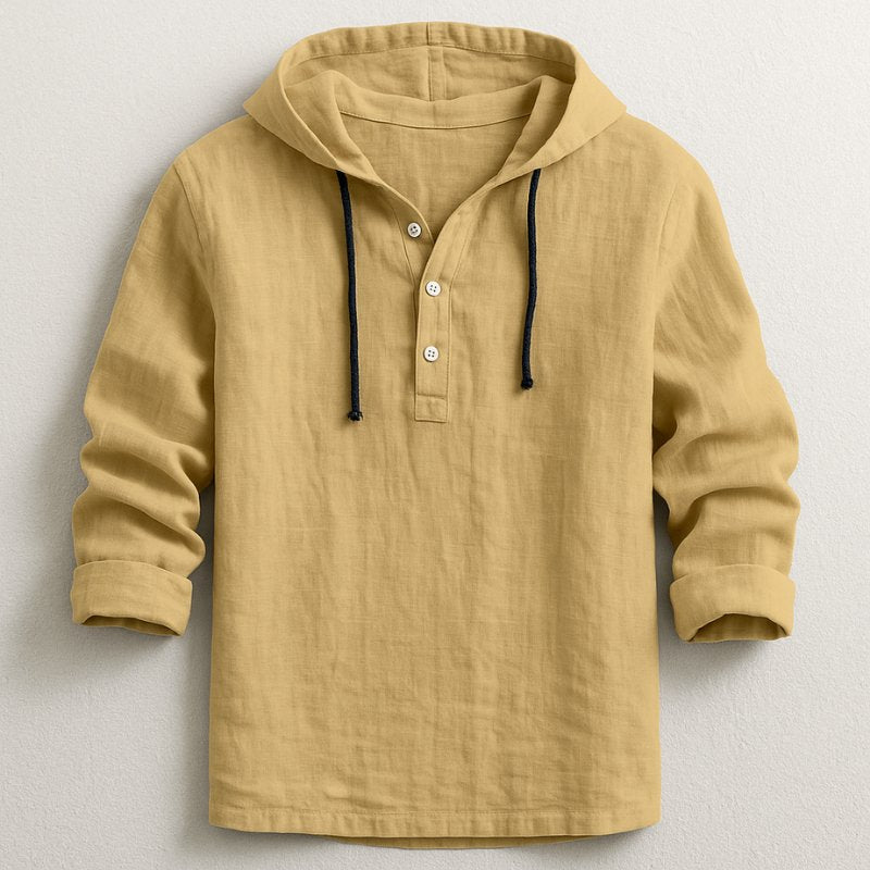 Men's Linen Blend Hooded Henley - Khaki