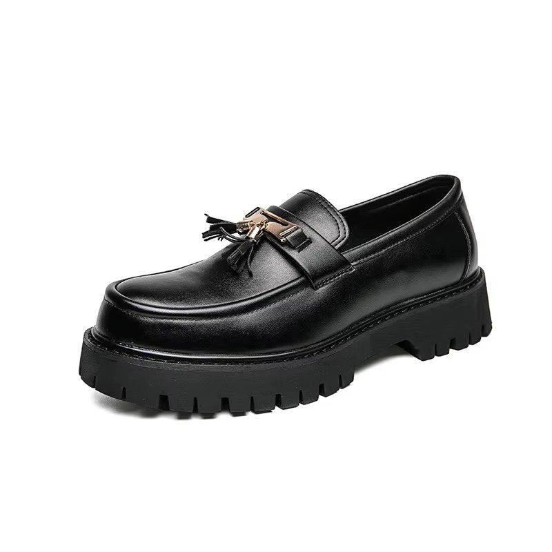 Men's Leather Platform Loafers - Black - Tassel 1