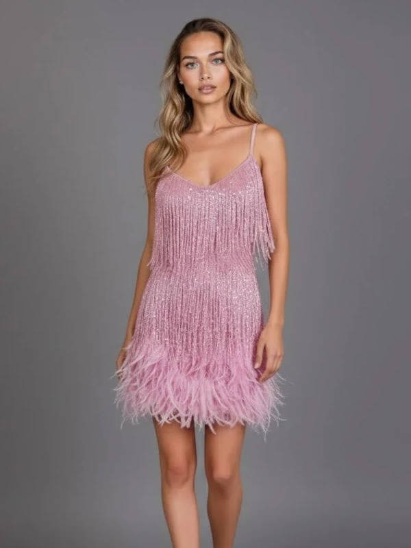 Women's Beaded Fringe Mini Dress - Pink