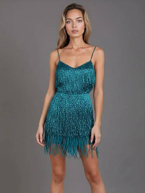 Women's Beaded Fringe Mini Dress - Peacock Blue