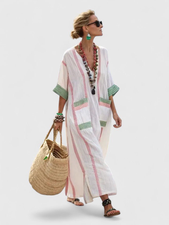 Women's Striped Kaftan Dress - Beige Green