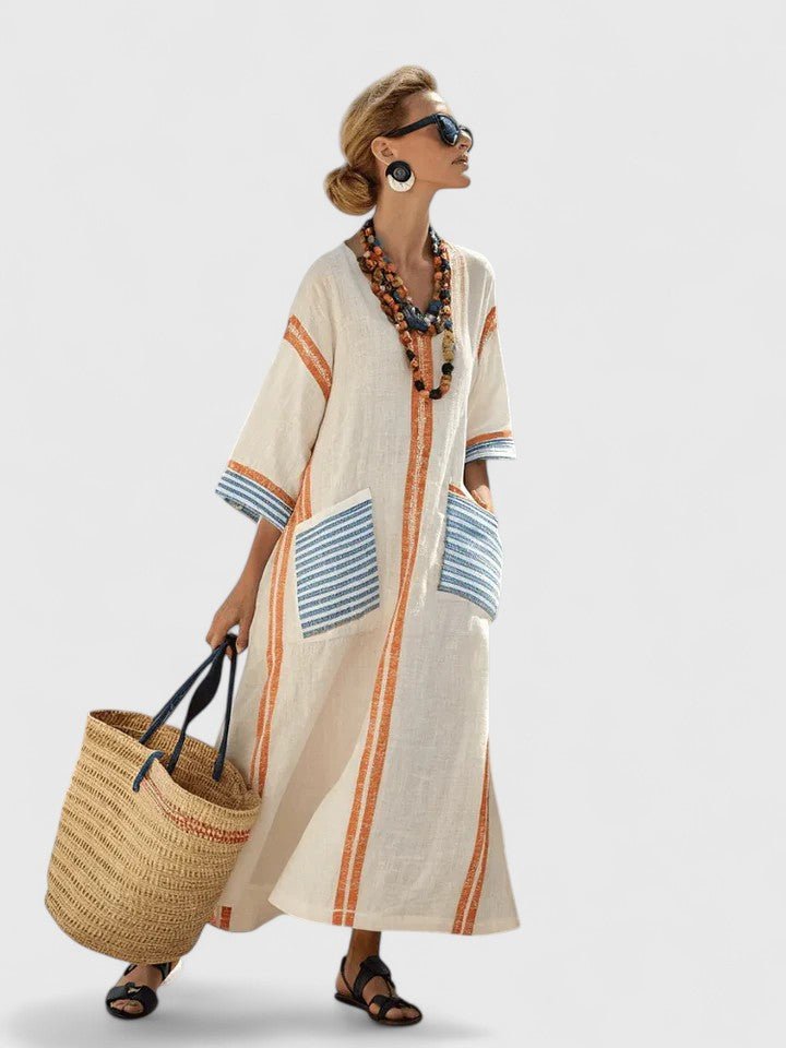 Women's Striped Kaftan Dress - White Light Pink