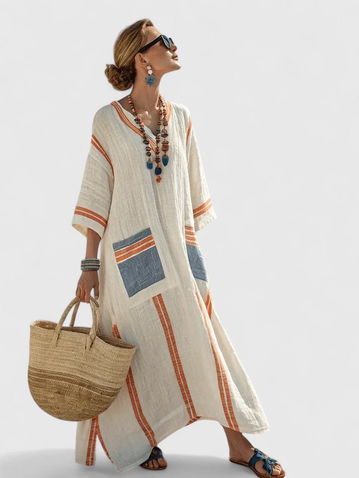 Women's Striped Kaftan Dress - Beige Black