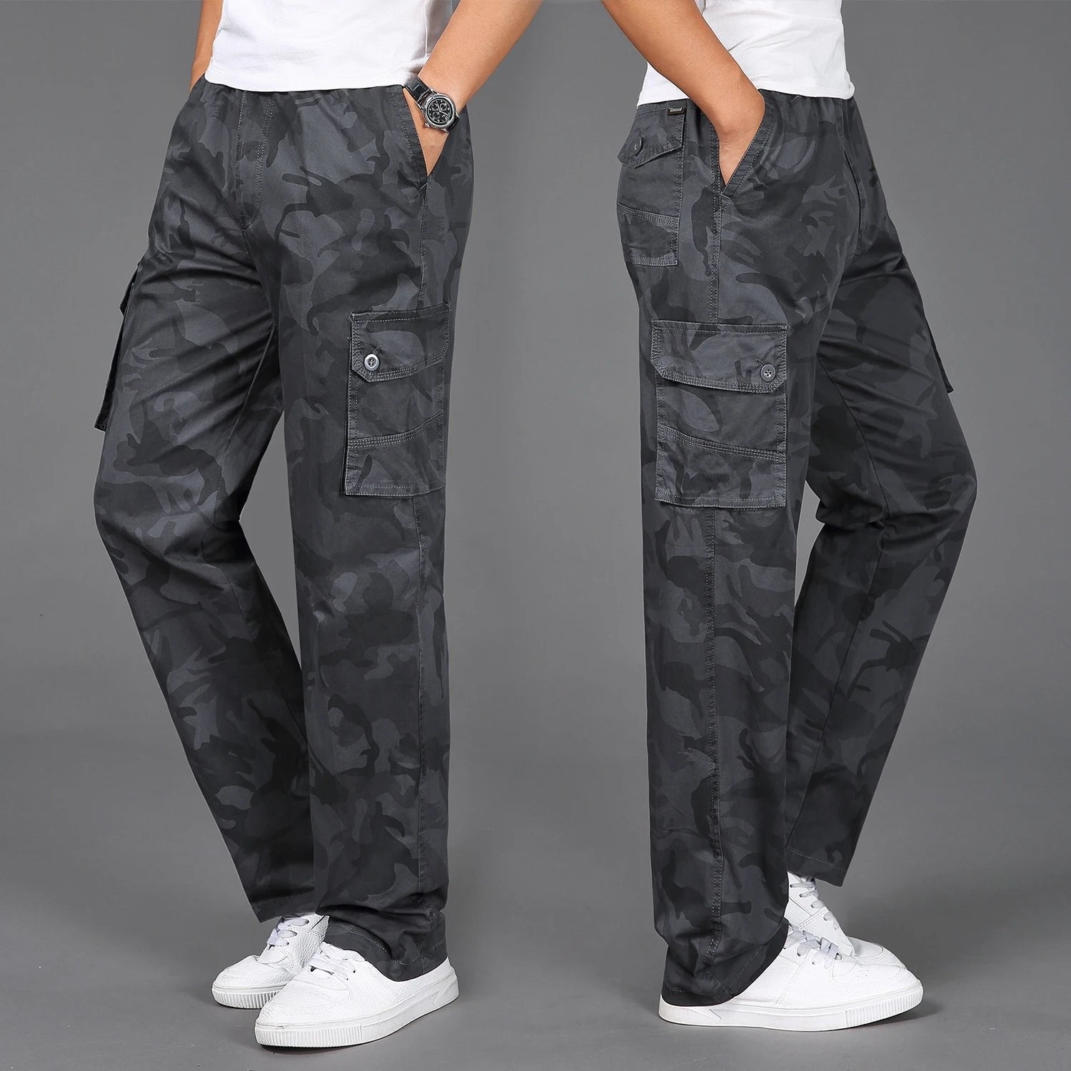 Men's Camo Cotton Cargo Pants - Dark Grey