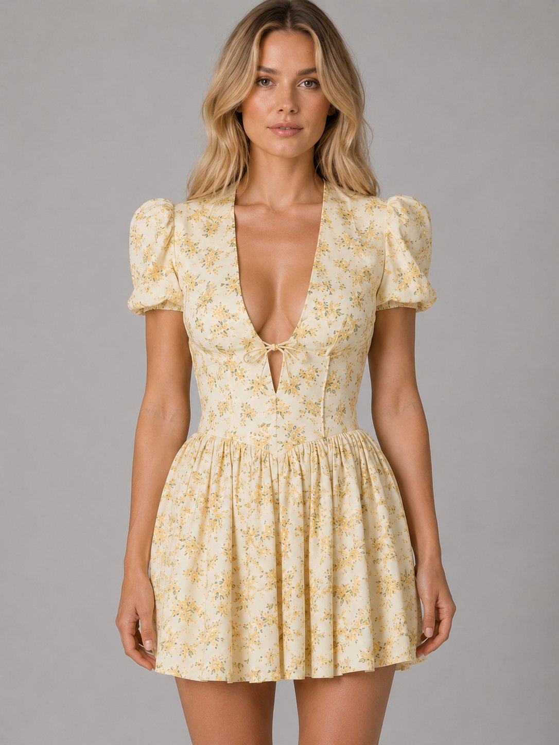 Women's Floral Puff-Sleeve Mini Dress - Yellow