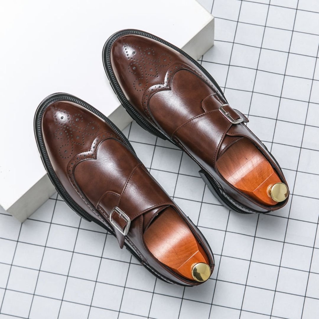 Men's Leather Monk Strap Brogue Shoes - Brown