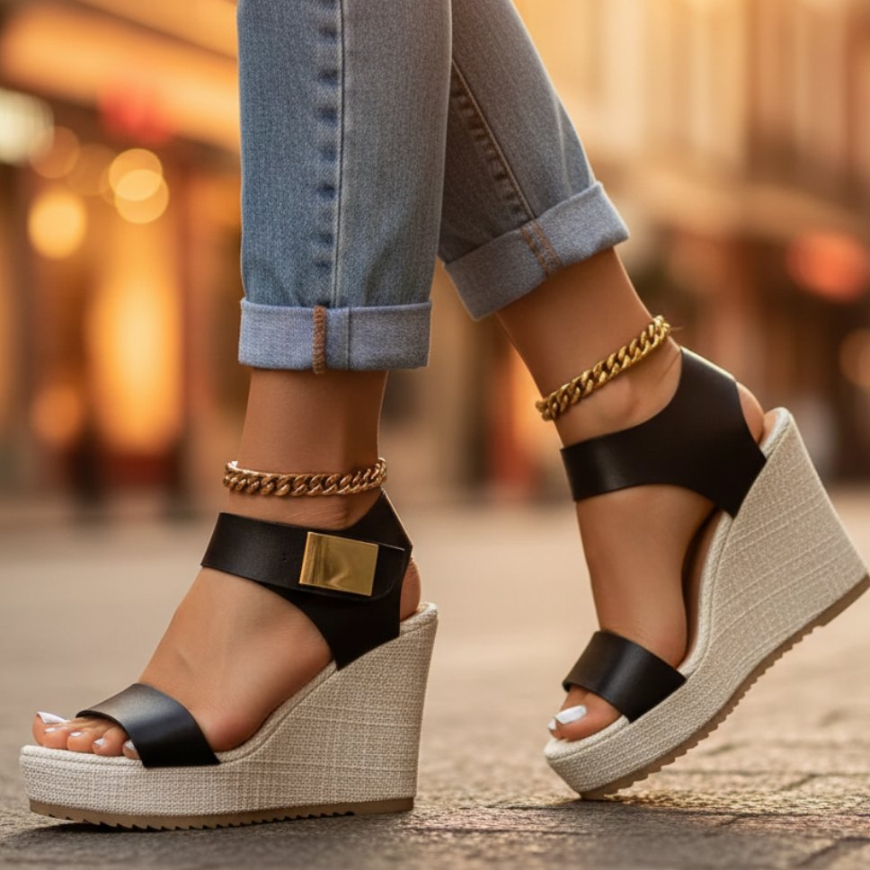 Women's Faux Leather Wedge Sandals - Black