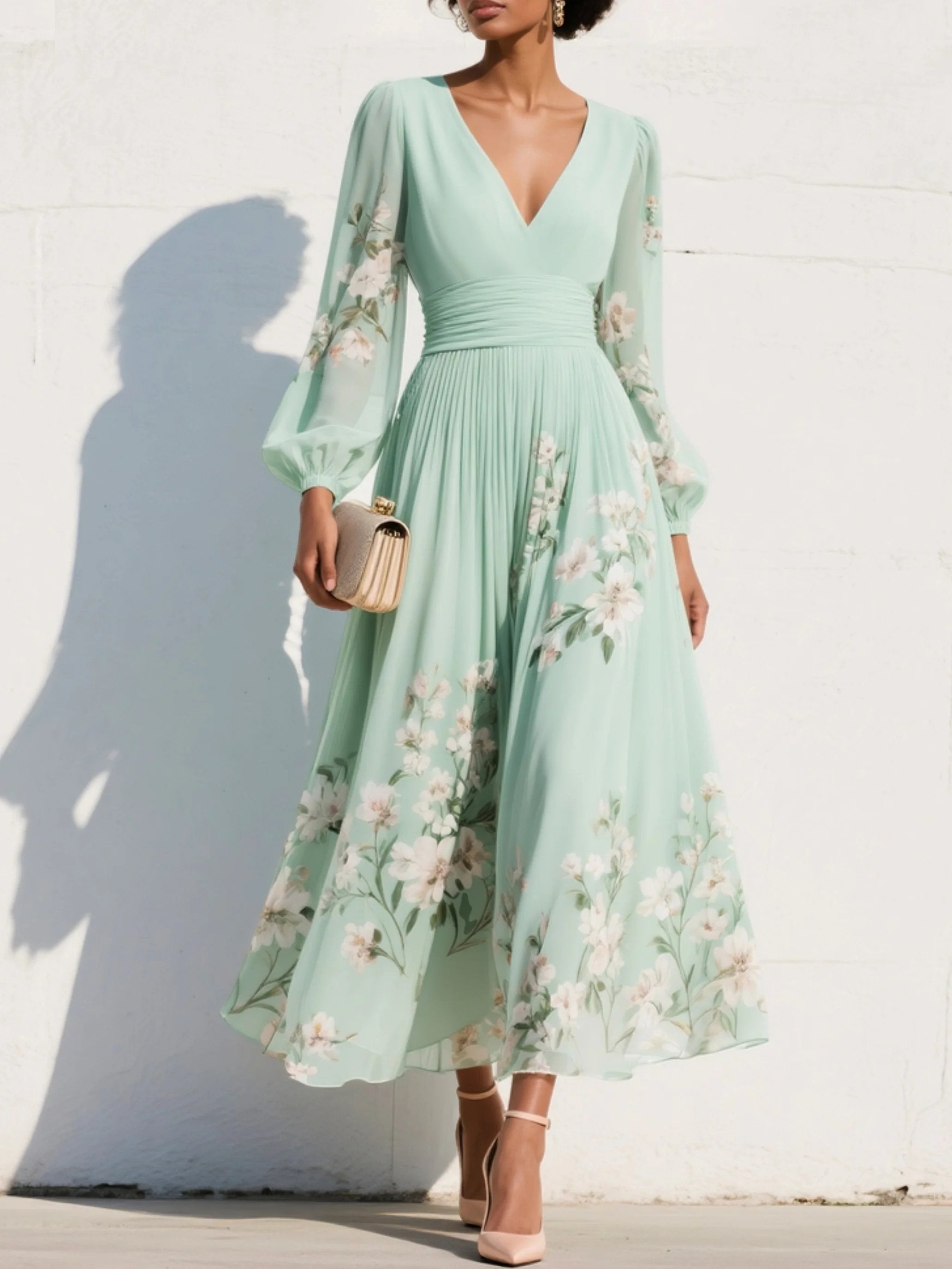 Women's Floral Wedding Guest V-Neck Dress - Light Green