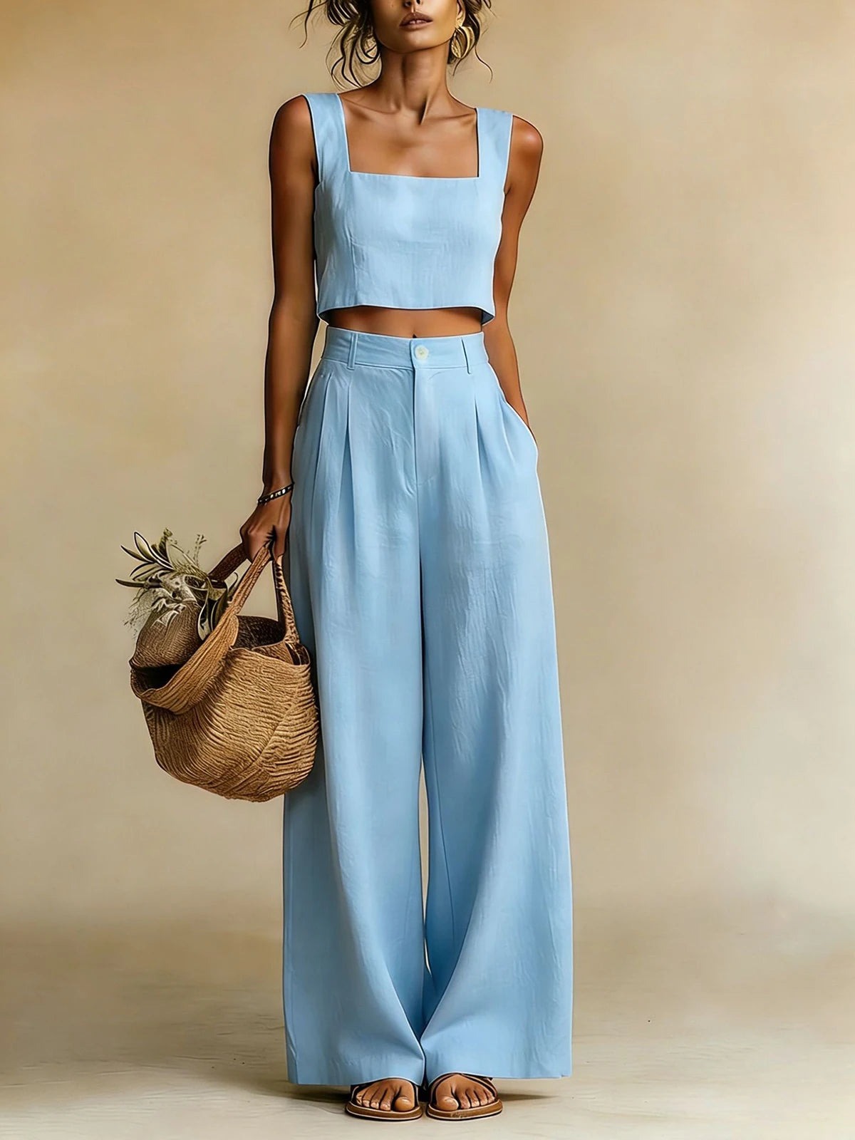 Crop Top Pants Two Piece Set - Blue