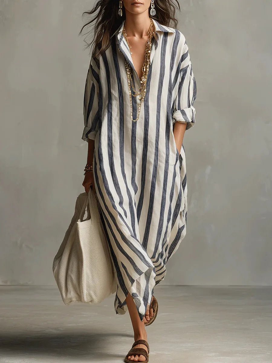 Women's Striped Maxi Shirt Dress - Blue