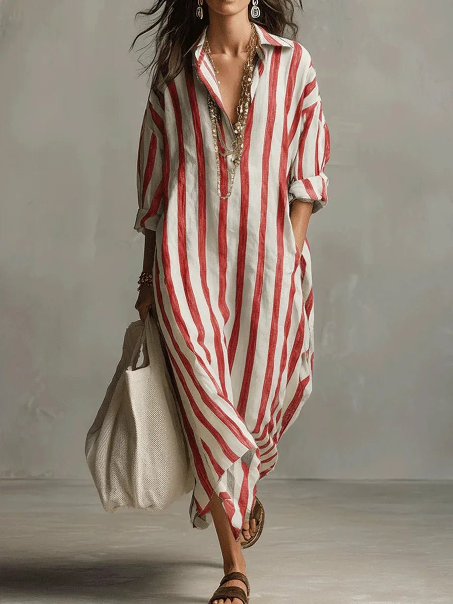 Women's Striped Maxi Shirt Dress - Red